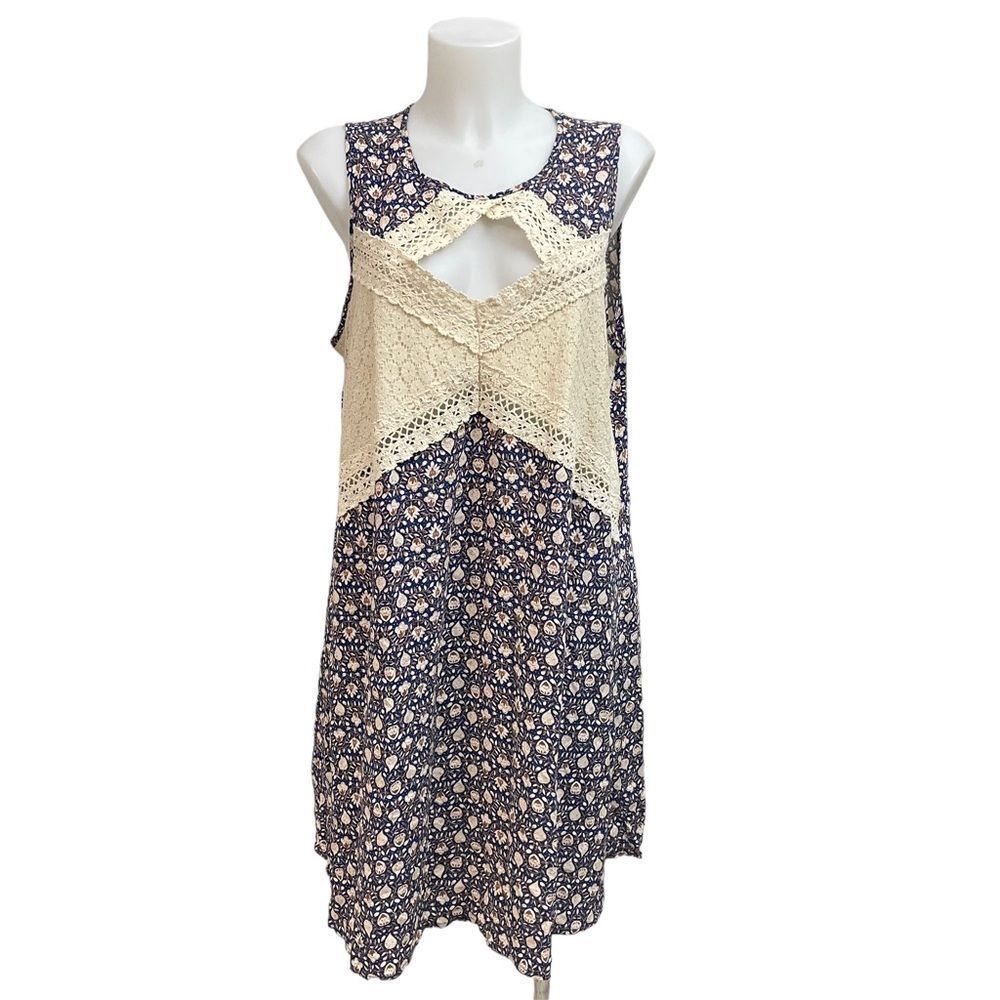SEA NEW YORK Floral Peekaboo Lace Neckline Sleeveless Shift Sundress sz 10